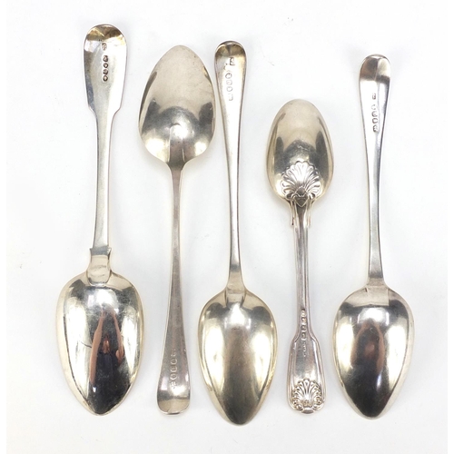 322 - Five Georgian silver tablespoons, various hallmarks, the largest 22.5cm in length, 290.5g