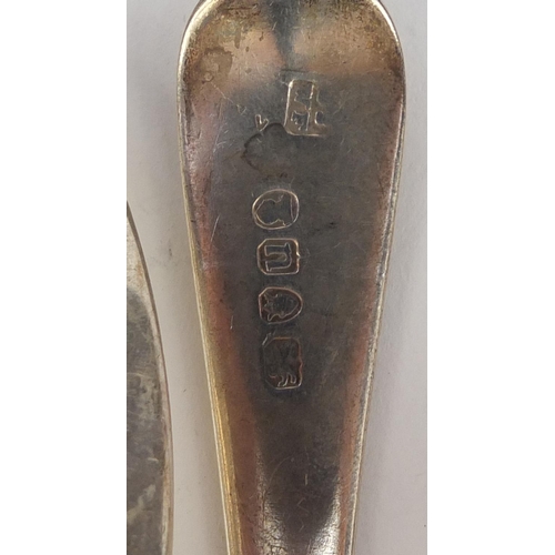 322 - Five Georgian silver tablespoons, various hallmarks, the largest 22.5cm in length, 290.5g