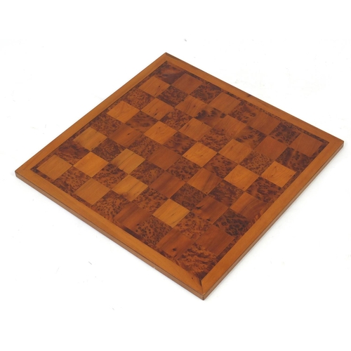 900 - Large birds eye maple and yew chess board, 60cm x 60cm