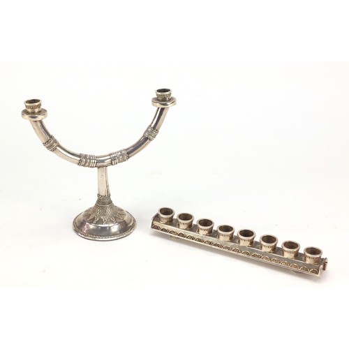 276 - Sterling silver eight branch Jewish Hanukkah menorah, 13.5cm high x 15.5cm wide, 400.0g