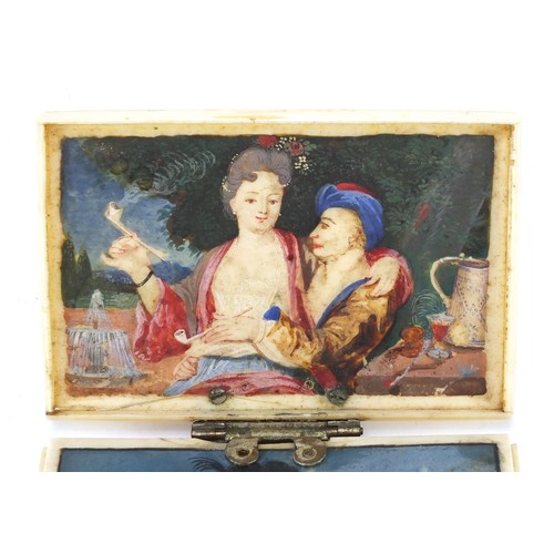 296 - 18th/19th century ivory card case with hidden compartment hand painted with two panels of lovers by ... 