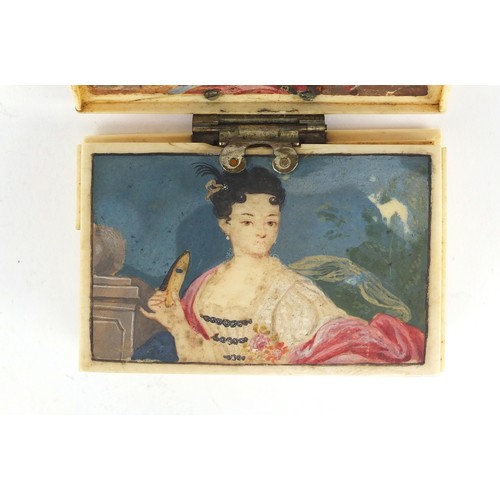 296 - 18th/19th century ivory card case with hidden compartment hand painted with two panels of lovers by ... 