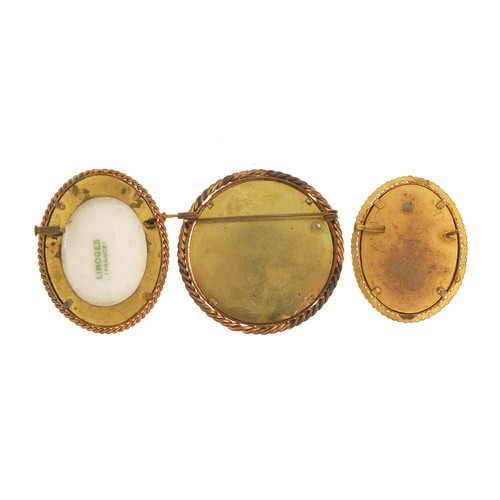 1540 - Three classical portrait brooches including Limoges, the largest 5.5cm in diameter