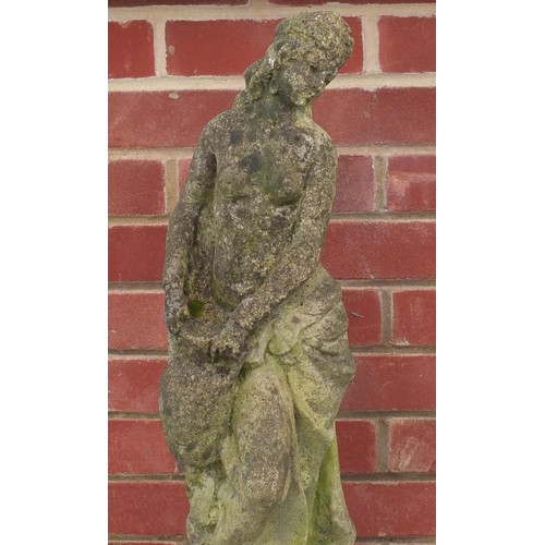 2168 - Stoneware garden figure of a maiden with column base, 109cm high