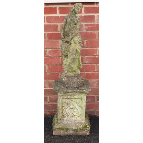 2168 - Stoneware garden figure of a maiden with column base, 109cm high