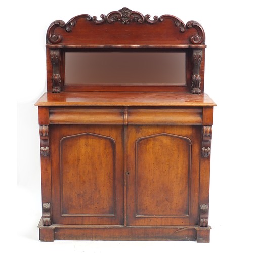 2189 - Victorian mahogany chiffonier with mirrored back above a frieze drawer and pair of cupboard doors, 1... 