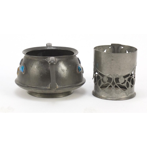 8 - Arts & Crafts Liberty & Co pewter tumbler holder designed by Archibald Knox and an English pewter tw... 