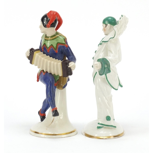 123 - Two Sitzendorf porcelain figures of a jester and a Pierrot by Siegel, each 23cm high