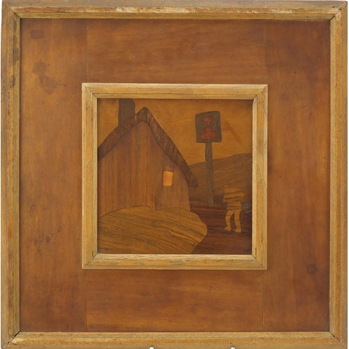 3 - Arts & Crafts Rowley Gallery wooden marquetry panel, The Halfway House, 33cm x 33cm