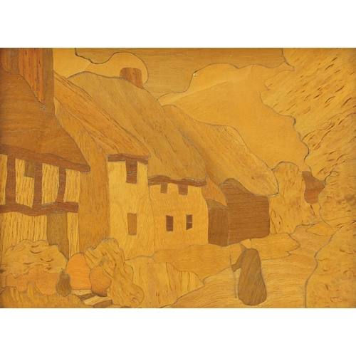 2 - Arts & Crafts  Rowley Gallery wooden marquetry panel, Cottage Row, label verso, 38.5cm x 33cm