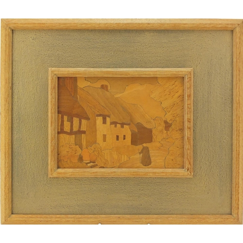 2 - Arts & Crafts  Rowley Gallery wooden marquetry panel, Cottage Row, label verso, 38.5cm x 33cm
