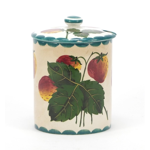 144 - 19th century Wemyss ware pottery preserve jar and cover hand painted with strawberries, 12.5cm high
