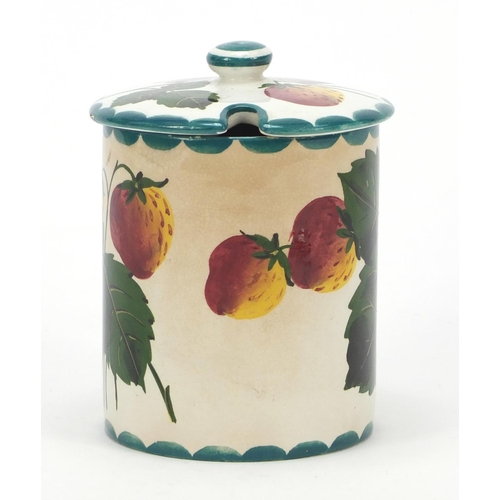 144 - 19th century Wemyss ware pottery preserve jar and cover hand painted with strawberries, 12.5cm high