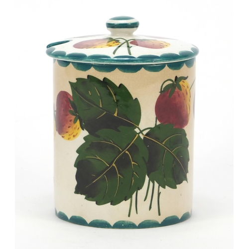 144 - 19th century Wemyss ware pottery preserve jar and cover hand painted with strawberries, 12.5cm high