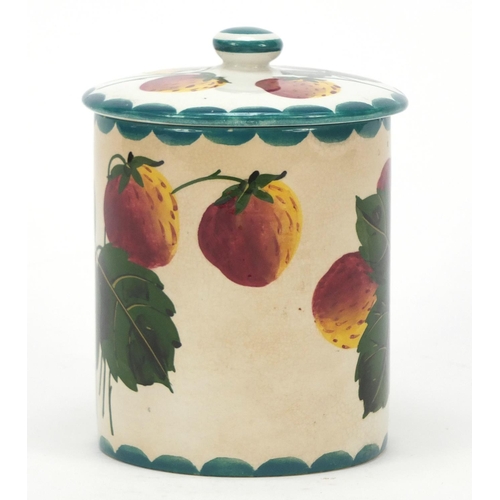 144 - 19th century Wemyss ware pottery preserve jar and cover hand painted with strawberries, 12.5cm high