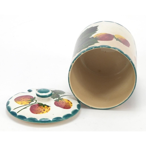 144 - 19th century Wemyss ware pottery preserve jar and cover hand painted with strawberries, 12.5cm high