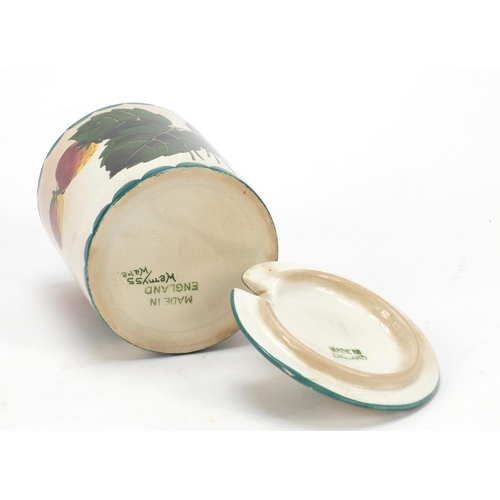 144 - 19th century Wemyss ware pottery preserve jar and cover hand painted with strawberries, 12.5cm high