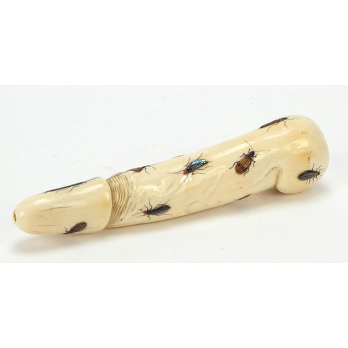 174 - Japanese Shibayama ivory phallus inlaid with insects carved with calligraphy, 16.5cm in length