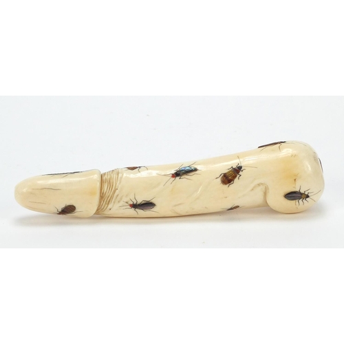 174 - Japanese Shibayama ivory phallus inlaid with insects carved with calligraphy, 16.5cm in length