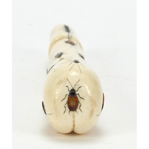 174 - Japanese Shibayama ivory phallus inlaid with insects carved with calligraphy, 16.5cm in length