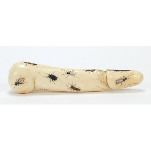 174 - Japanese Shibayama ivory phallus inlaid with insects carved with calligraphy, 16.5cm in length