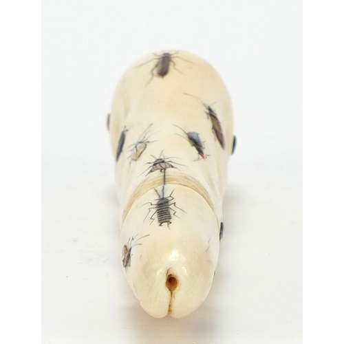 174 - Japanese Shibayama ivory phallus inlaid with insects carved with calligraphy, 16.5cm in length