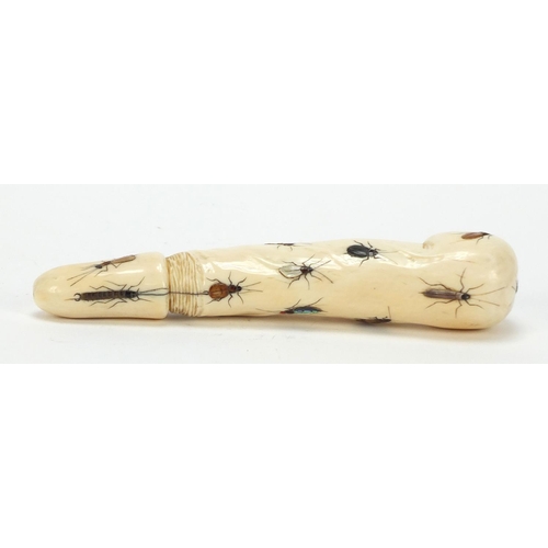 174 - Japanese Shibayama ivory phallus inlaid with insects carved with calligraphy, 16.5cm in length