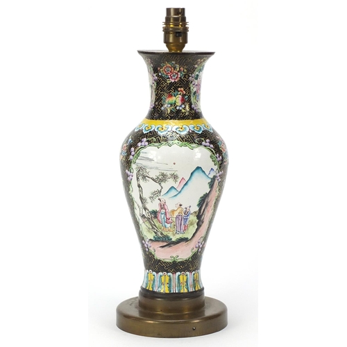 170 - Chinese Canton enamel lamp base of baluster form, hand painted with panels of figures in landscapes,... 