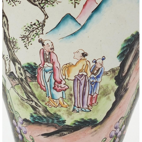 170 - Chinese Canton enamel lamp base of baluster form, hand painted with panels of figures in landscapes,... 