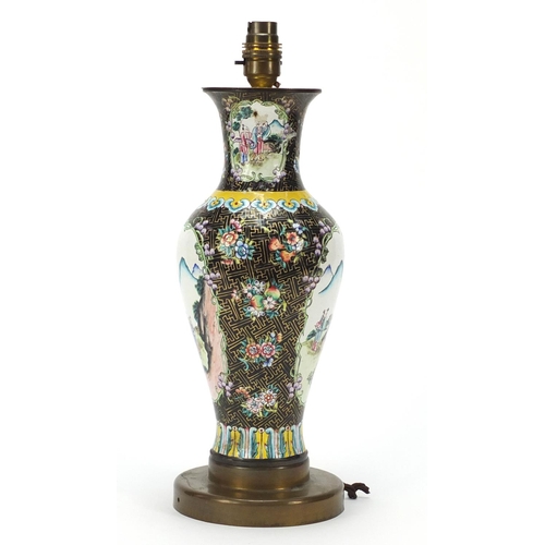 170 - Chinese Canton enamel lamp base of baluster form, hand painted with panels of figures in landscapes,... 