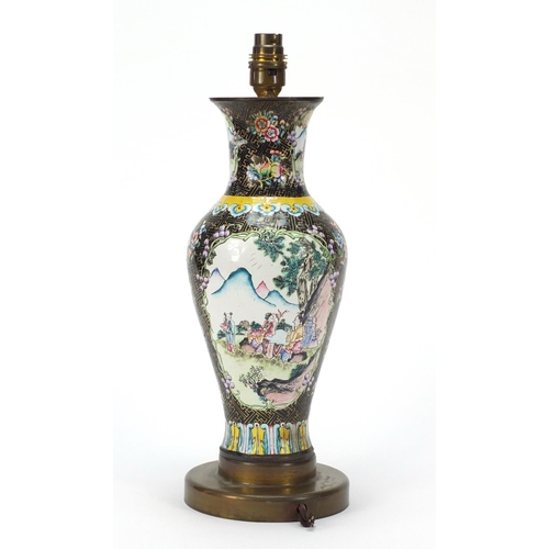 170 - Chinese Canton enamel lamp base of baluster form, hand painted with panels of figures in landscapes,... 