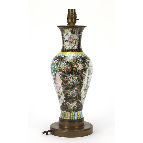170 - Chinese Canton enamel lamp base of baluster form, hand painted with panels of figures in landscapes,... 