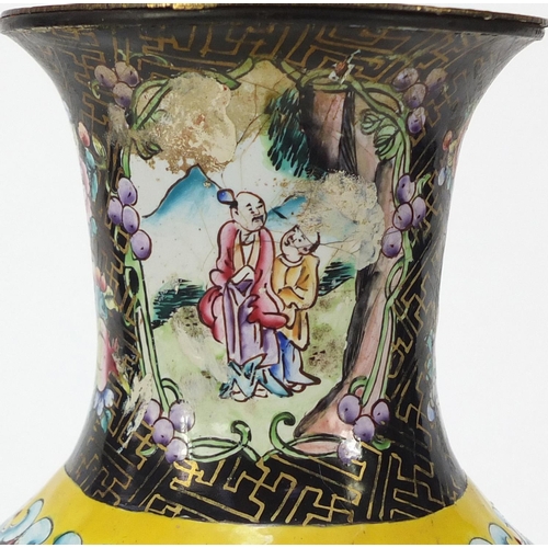 170 - Chinese Canton enamel lamp base of baluster form, hand painted with panels of figures in landscapes,... 