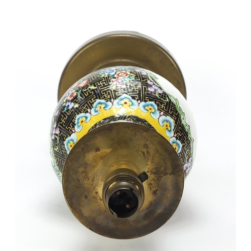170 - Chinese Canton enamel lamp base of baluster form, hand painted with panels of figures in landscapes,... 