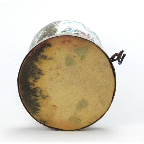 170 - Chinese Canton enamel lamp base of baluster form, hand painted with panels of figures in landscapes,... 