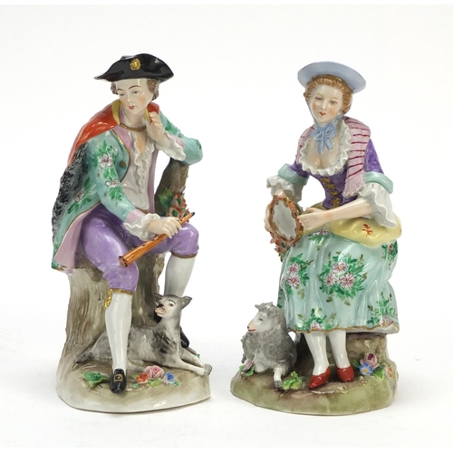 148 - Pair of German hand painted Dresden porcelain figures of a shepherd and shepherdess, 19cm high
