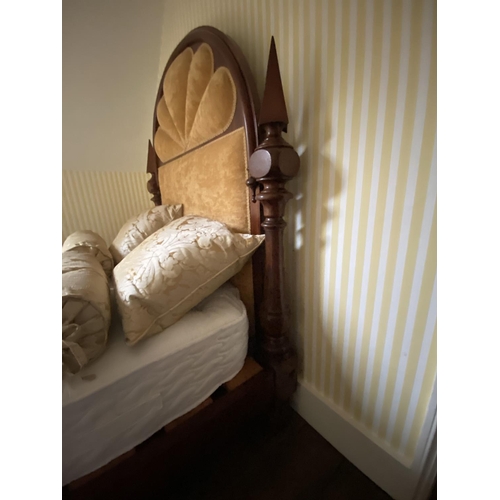 855 - Victorian mahogany Gothic style bed with domed headboard and gold coloured upholstered head and foot... 