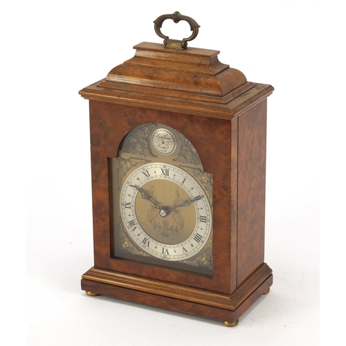122 - Burr walnut Elliott mantle clock in the form of a bracket clock with silvered chapter ring, having R... 