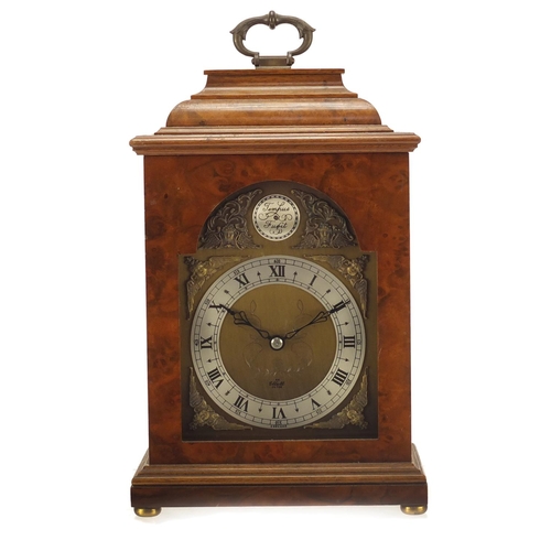 122 - Burr walnut Elliott mantle clock in the form of a bracket clock with silvered chapter ring, having R... 