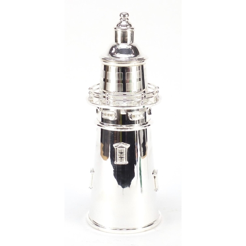 1282 - Art Deco design silver plated cocktail shaker in the form of a lighthouse, 36cm high