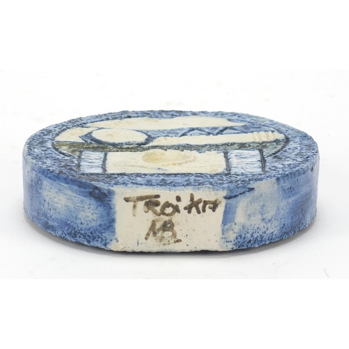 16 - Troika St Ives pottery wheel vase hand painted and incised with an abstract design by Mary Bacer, 11... 