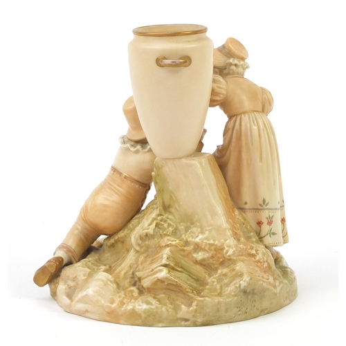 60 - Royal Worcester blush ivory Kate Greenaway vase of two children beside an urn, 18cm high