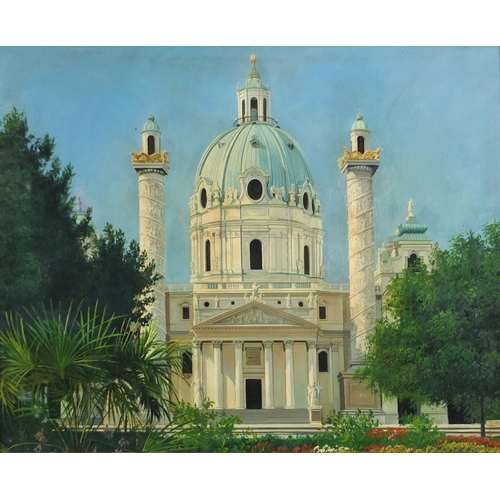 156 - Indian school oil on board of a palace, framed, 71.5cm x 58cm