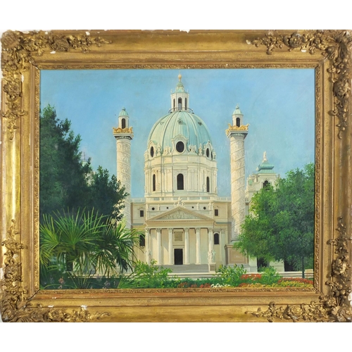 156 - Indian school oil on board of a palace, framed, 71.5cm x 58cm