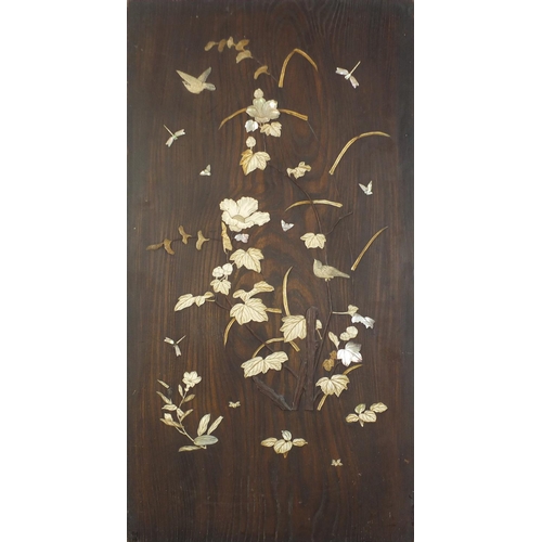 84 - Japanese hardwood Shibayama panel inlaid with ivory and mother of pearl, depicting birds and insects... 