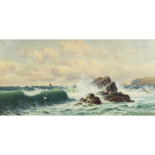 158 - Edward Moore 1896 - Coastal scene with boats and waves crashing, 19th century oil on canvas, framed,... 