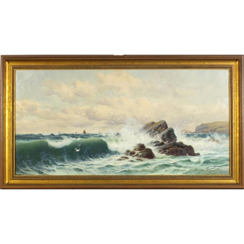 158 - Edward Moore 1896 - Coastal scene with boats and waves crashing, 19th century oil on canvas, framed,... 