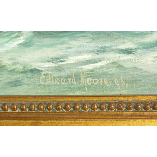 158 - Edward Moore 1896 - Coastal scene with boats and waves crashing, 19th century oil on canvas, framed,... 