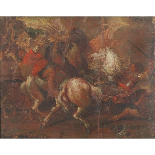 161 - Continental battle scene, 18th century oil on canvas, framed, 48cm x 39cm
