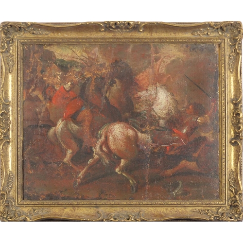 161 - Continental battle scene, 18th century oil on canvas, framed, 48cm x 39cm
